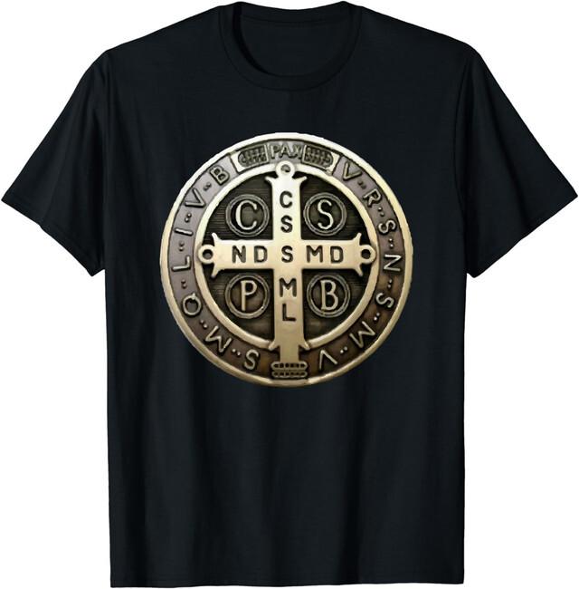 St Nuovo di Zecca Edizione Limitata. Medaglia di San Benedetto. T-Shirt Cattolica Cristiana Croce di San Benedetto