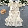 French romantic style lantern sleeve print dress women's autumn waist thin A-shaped long dress commuting elegance