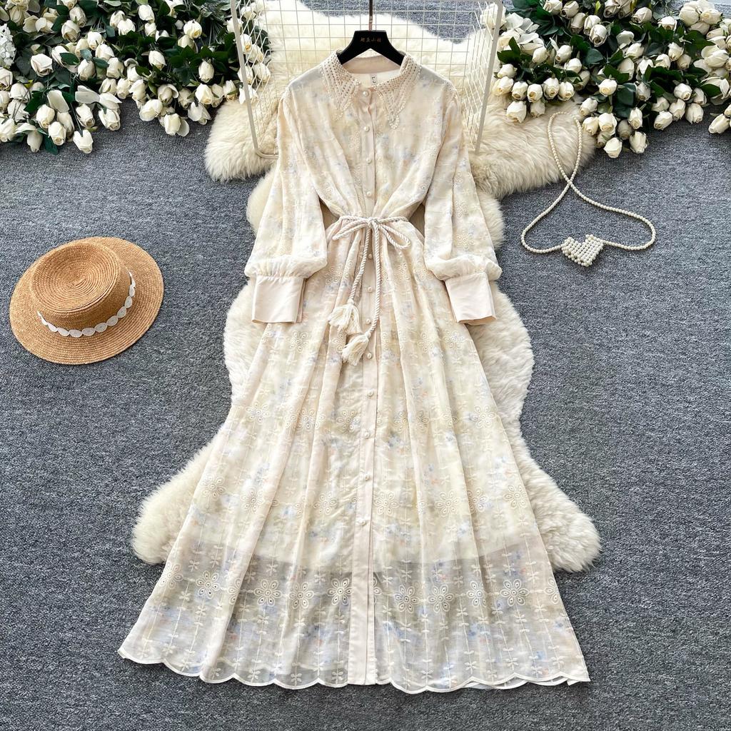 French romantic style lantern sleeve print dress women's autumn waist thin A-shaped long dress commuting elegance