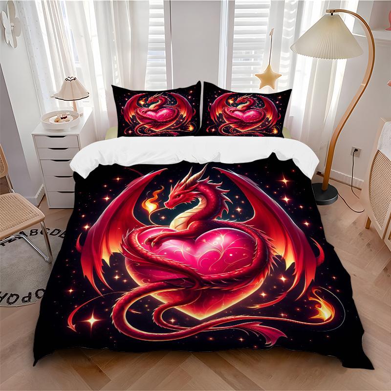 3pcs Dragon Embracing a Heart Print Cover Set Ultra Soft, Breathable, and Comfortable Bedding with Stylish Design for Bedroom and Guest Room Deco