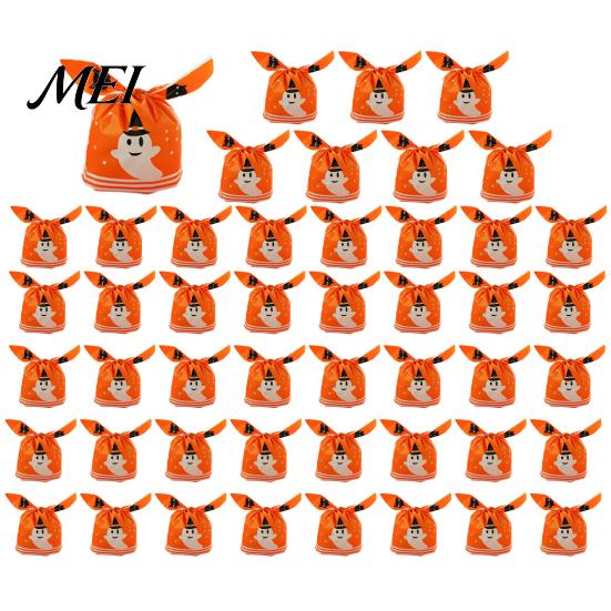 Halloween Souvenir Gift Packaging 48 Pcs Candy Bags, Kids Trick or Treat Goodie Cute Rabbit Transparent Cookie Bags with Drawstrings Ear Small Plastic