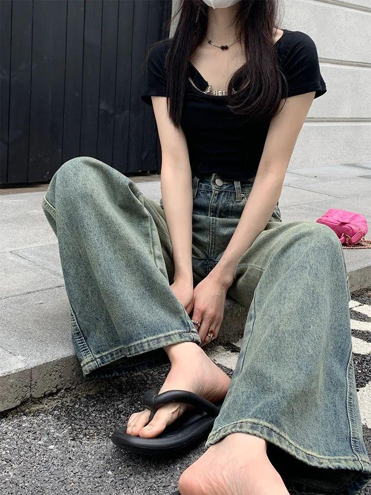 Women's High Waist Distressed Retro Wide Leg Jeans - Summer Slimming Straight Fit, Floor-Length