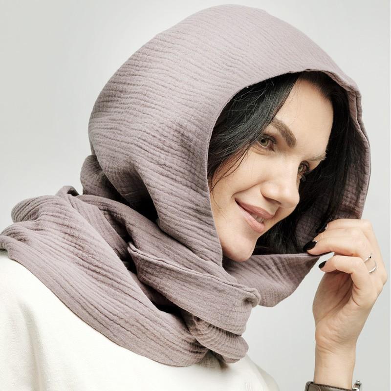 Cotton Crinkle Scarf With Hood Women Men Winter Warm Stylish Neck Wrap Accessory
