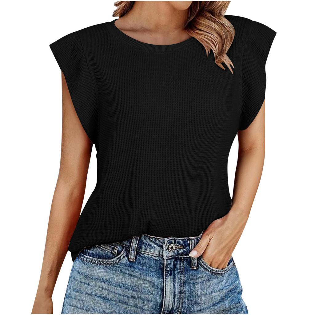 Women Solid Color Waffle Crew Neck Loose Short Sleeve Casual T Shirt Top