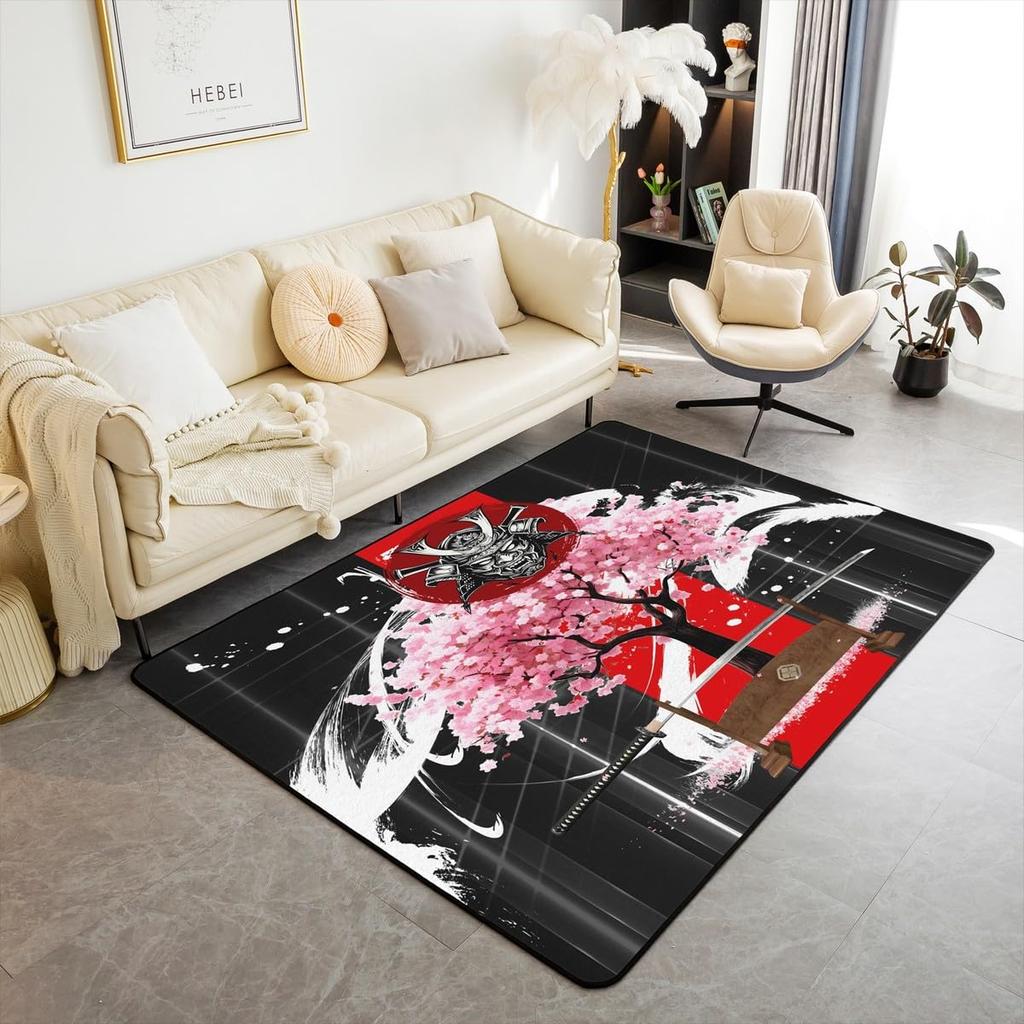 Japanese Ukiyo-e Great Wave Crane & Cherry Blossom Print Area Rug, Non-Slip Floor Mat for Living Room Bedroom Home Decor Carpet