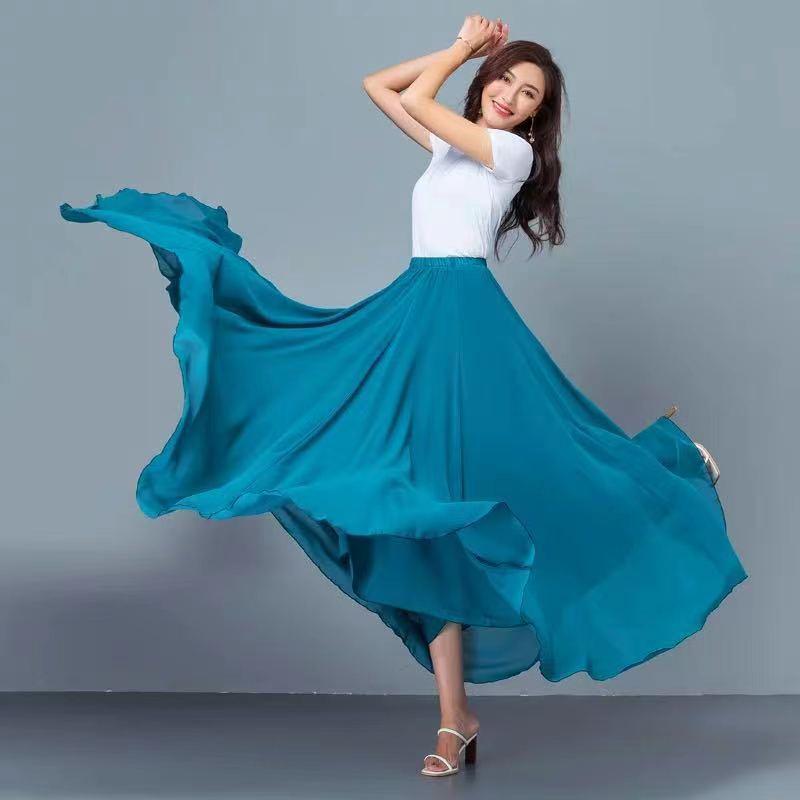 

2025 Spring/Summer High Waist Chiffon Midi Skirt - Solid Color, Plus Size, Beach Vacation Fairy Style XXXL: Length 100CM