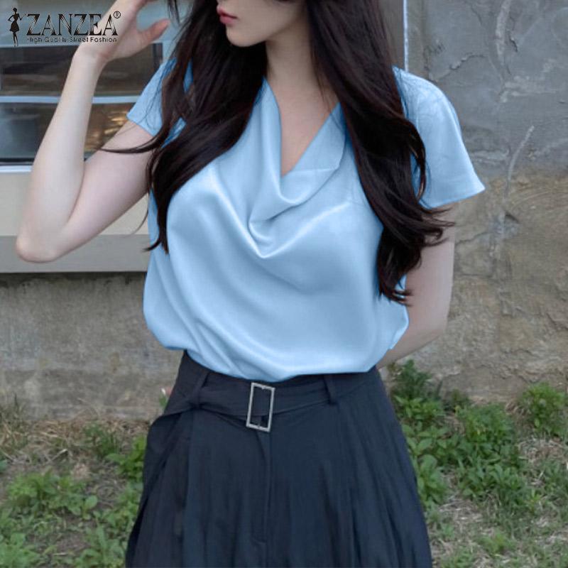 

ZANZEA Женская повседневная свободная летняя атласная блузка с короткими рукавами и воротником-стойкой
