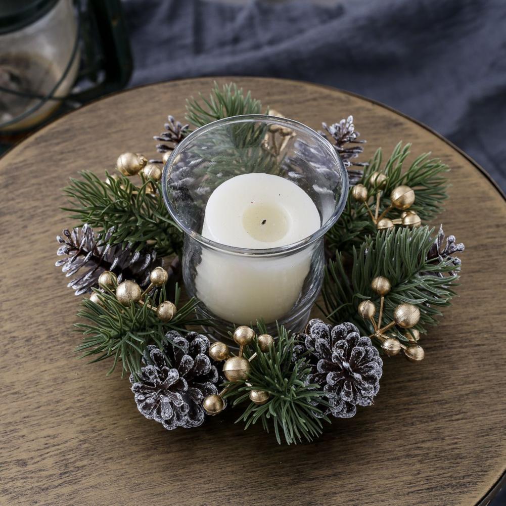Christmas Candle Ring Artificial Pine Needle Pinecone Berries Garland Rustic Festive Candle Wreath For Home Centerpiece Decor