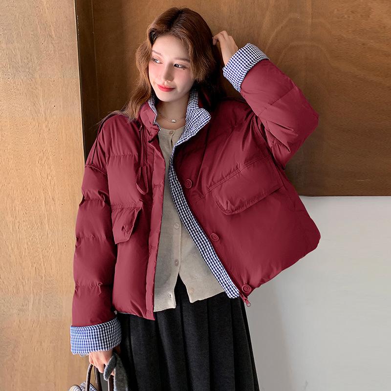 Plaid splicing short down jacket women's stand-up collar winter fashion design sense thickened college style bread jacket tide