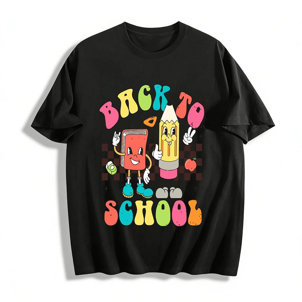 Retro Cartoon Stationery Print Tops Kids Back To School Casual Tees Pure cotton T-shirt XXS