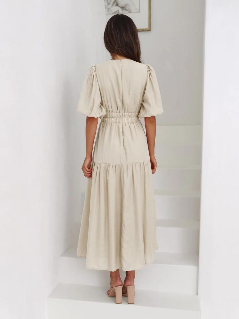 Mote Damer Sommer Vintage Kjole Kvinner Lanternermer Volanger Casual Kjole V-hals Høy Midje Sexy Selskap Midi Strandkjoler