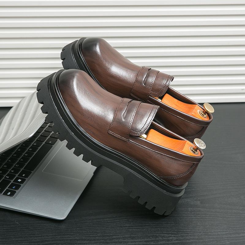 Spring Men's British Thick-Soled Leather Loafers: Trendy Casual Slip-On Shoes