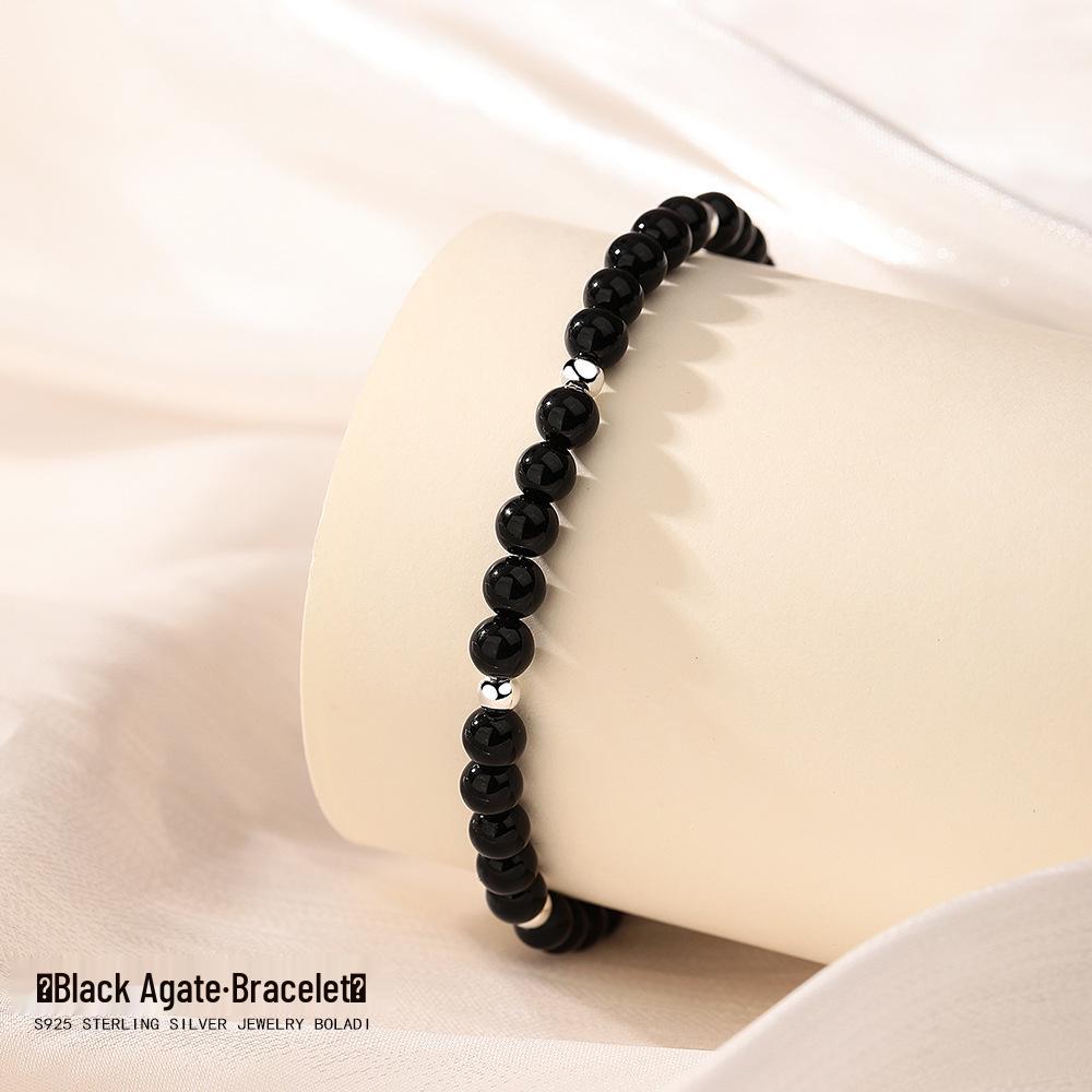 Vielseitiges S925 Sterling Silber & Schwarzer Achat Minimalistisches Mehrreihiges Armband für Damen