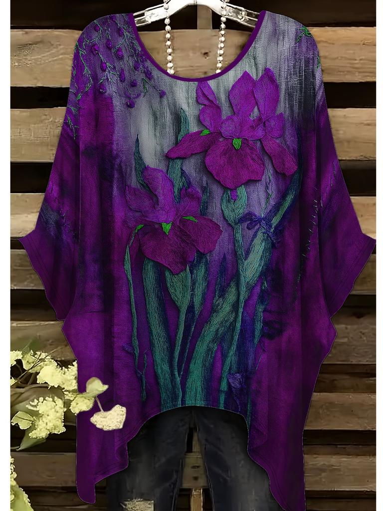 Camiseta Vintage para Mujer Estampado Pastoral Dobladillo Irregular Cuello Redondo Manga Corta Casual Comodidad Camiseta para Todas las Estaciones