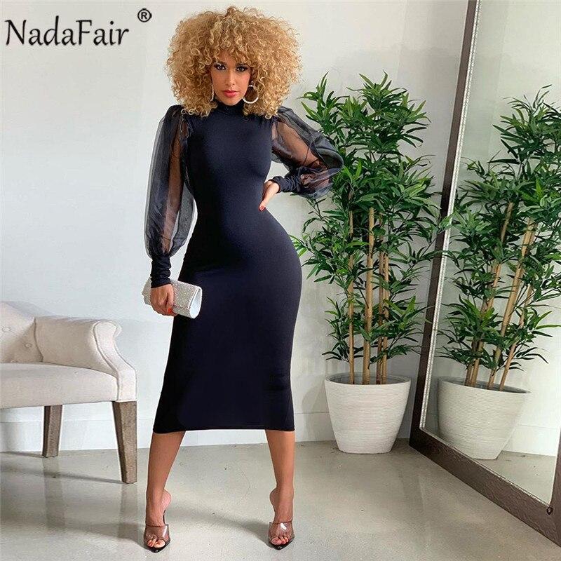 Vestido Sexy Bodycon de Malla con Manga Abullonada para Mujer Cuello Alto Ropa de Club Abertura Trasera Negro Vestido Maxi de Fiesta para Mujer Invierno