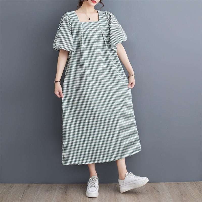 Real shot summer new literary loose cotton and linen plaid square neck short-sleeved dress women's medium and long