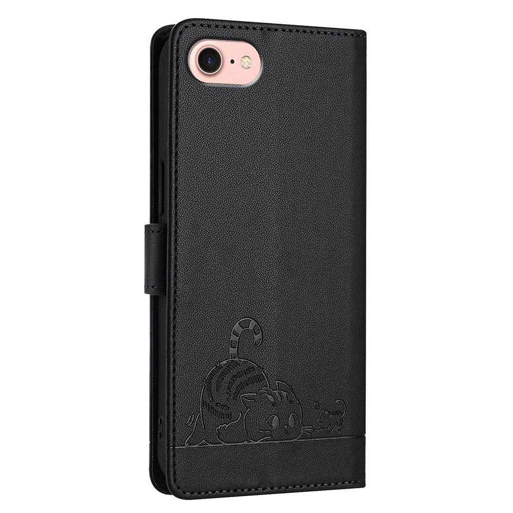 For iPhone SE (2020)/(2022)/7/8 Case with Strap RFID Blocking Leather Wallet Phone Cover Cat Mouse Pattern