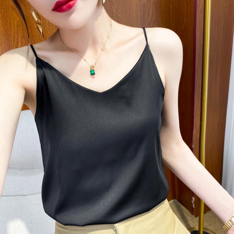 25 Summer Silk Slim-fit V-neck Camisole, Single Strap, Sleeveless, Solid Color, Versatile Imitation Silk Vest