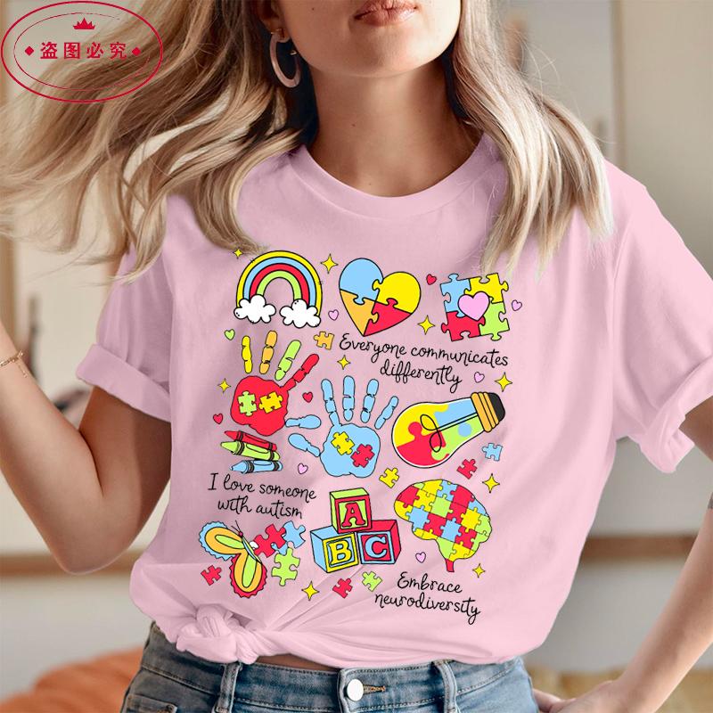 Womens Shirts Everyone Communicates Differently Graphic Aesthetic Autism Printing Casual Shirt Tees Fashion Summer Tshirts S