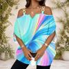 Women Plus Size Off Shoulder Double Strap V Neck Short Sleeve Gradient Swirl Print Blouse