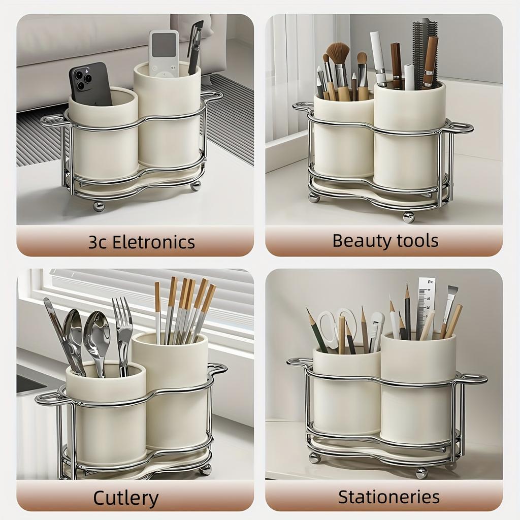 2-Compartment Cutlery Holder with Metal Frame, Kitchen Utensil Organizer for Countertop, Silverware Storage Tray with Dividers