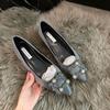 Sheepskin Version~ Invisible Inner Height Increase 5CM Flat-soled Single Shoes Women's 2025 Spring Temperament Pointed Rhinestone Square Buckle M