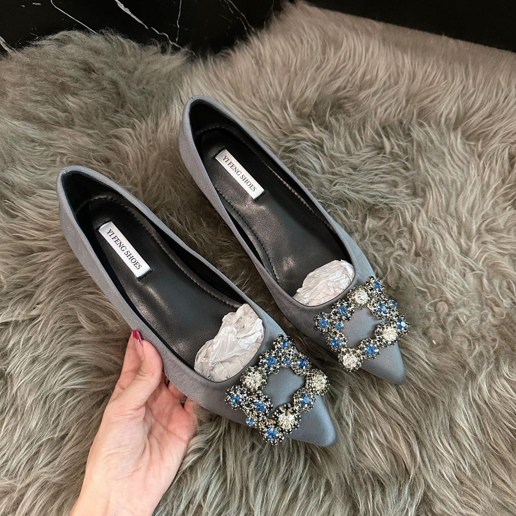 Sheepskin Version~ Invisible Inner Height Increase 5CM Flat-soled Single Shoes Women's 2025 Spring Temperament Pointed Rhinestone Square Buckle M