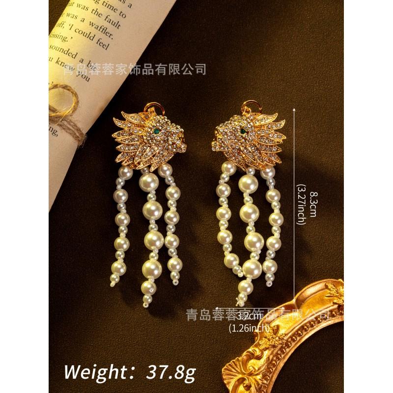 Palace Style Exquisite Zircon Dragon Head Heavy Industry Pearl Tassel Earrings Retro Elegant Light Luxury Antique Exaggerated