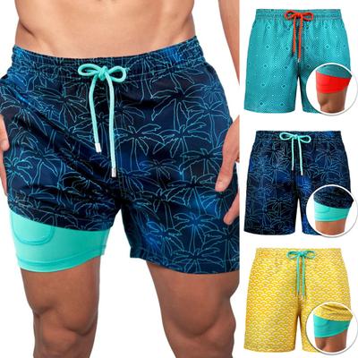Wide Leg Double Layer Men Shorts All-matched Drawstring Elastic Waist Swim Trunks Beachwear
