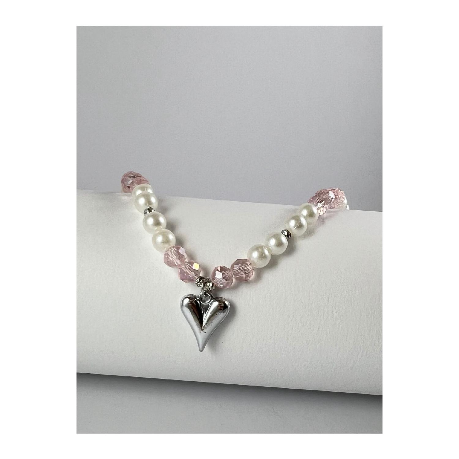 

Heart-shaped Steel Pendant Pink Crystal Pearl Bead Design Necklace 1 рожевий