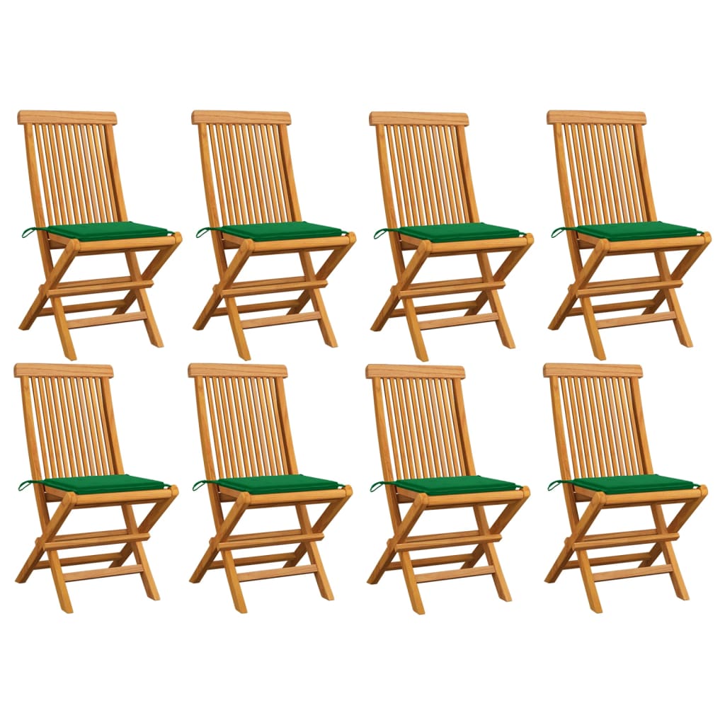 Garden Chairs with Green Cushions 8 Pcs Solid Teak Wood