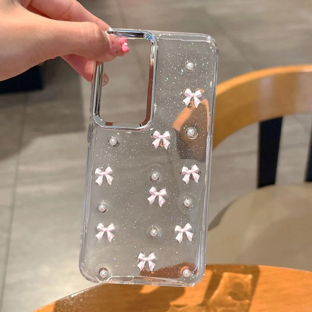 3D Bowknot Drip Glue Pearl Clear Case For Samsung S25 S24 S23 Plus Ultra A56 A36 A26 A16 A06 A55 A35 A25 A54 Cute Bow Tie Cover
