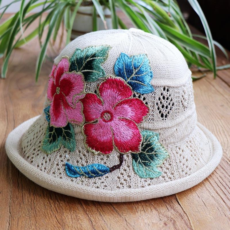 Vår og sommer etnisk vind broderi blomst sammenleggbar hatt dame strikkelue sandbøttehatt