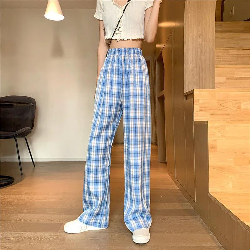 Vintage Plaid Women Pants High Waist Wide Leg Straight Pant Loose Casual Female Trousers Wide Leg Pant Fashion