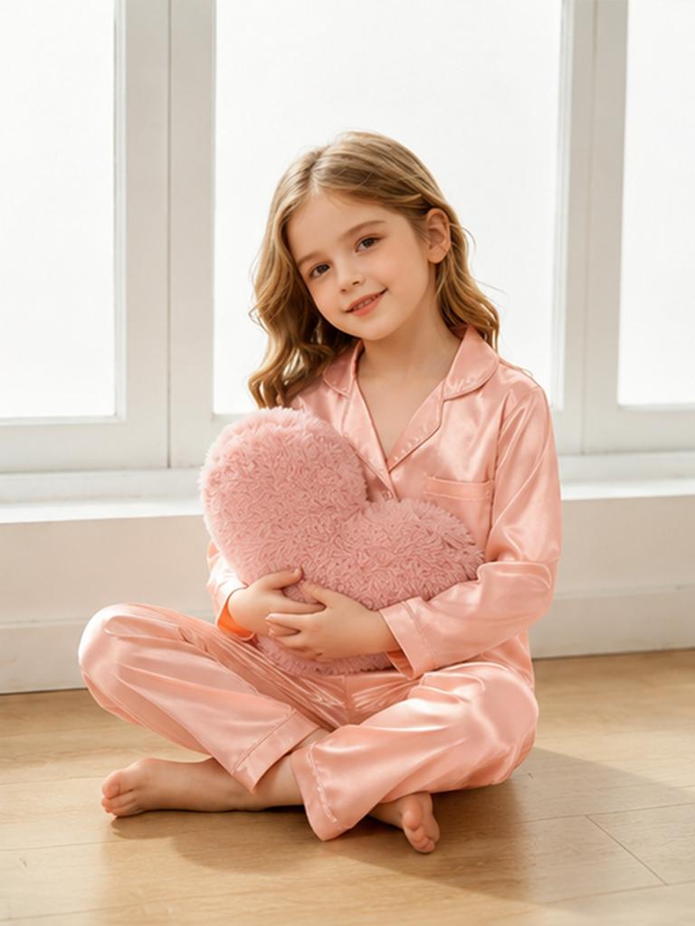 Kinder einfarbige Pyjama-Sommer-Langarm-Cardigan-Set Mädchen mittleren Alters und ältere Kinder Baby Freizeit Eis Seide Kühl Loungewear