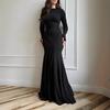 New European and American Style Round Neck Waist Horn Long Sleeve Dress Temperament Fishtail Solid Color Long Dress