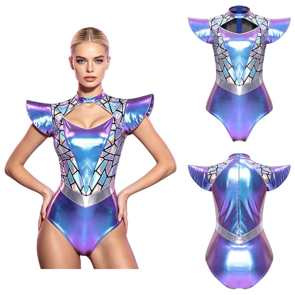 Dames Alien Cosplay Bodysuit Metallic Kleurovergang Pailletten Cut-out aan de voorkant Hoge hals Vliegmouw Leotard voor Halloweenfeest Optreden
