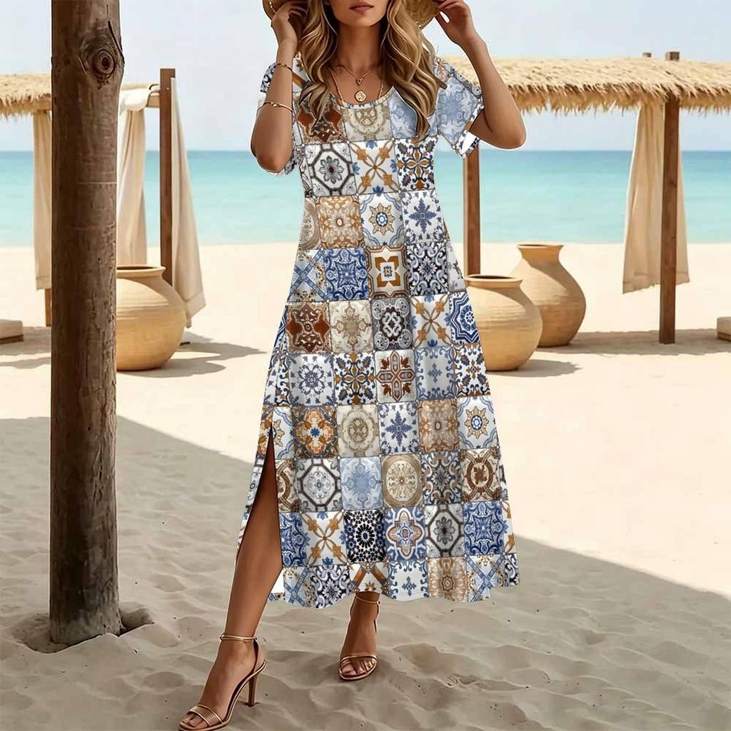 Women Fashion Round Neck Ethnic Color Circle Printed Short Sleeve Side Slit Dress Casual Vacation Dress Long Loose Dress
