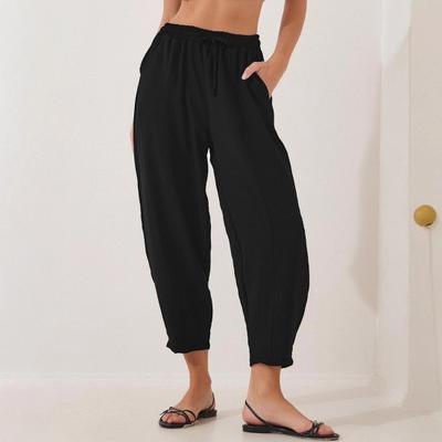 Women Pants Elastic Waist Harem Style Solid Color Casual Trousers with Pockets Loose Fit Jogger Trousers