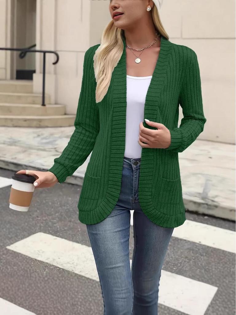 2025 Autumn/Winter Solid Color Ribbed Patchwork Long Sleeve Cardigan