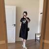 Korean alphabet print casual t-shirt dress women's lazy style loose medium and long knee split lazy skirt