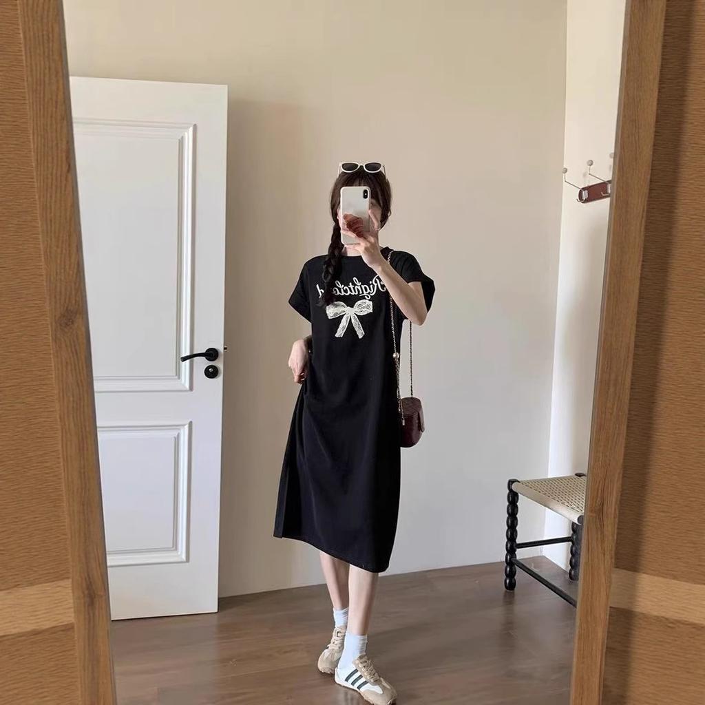 Korean alphabet print casual t-shirt dress women's lazy style loose medium and long knee split lazy skirt