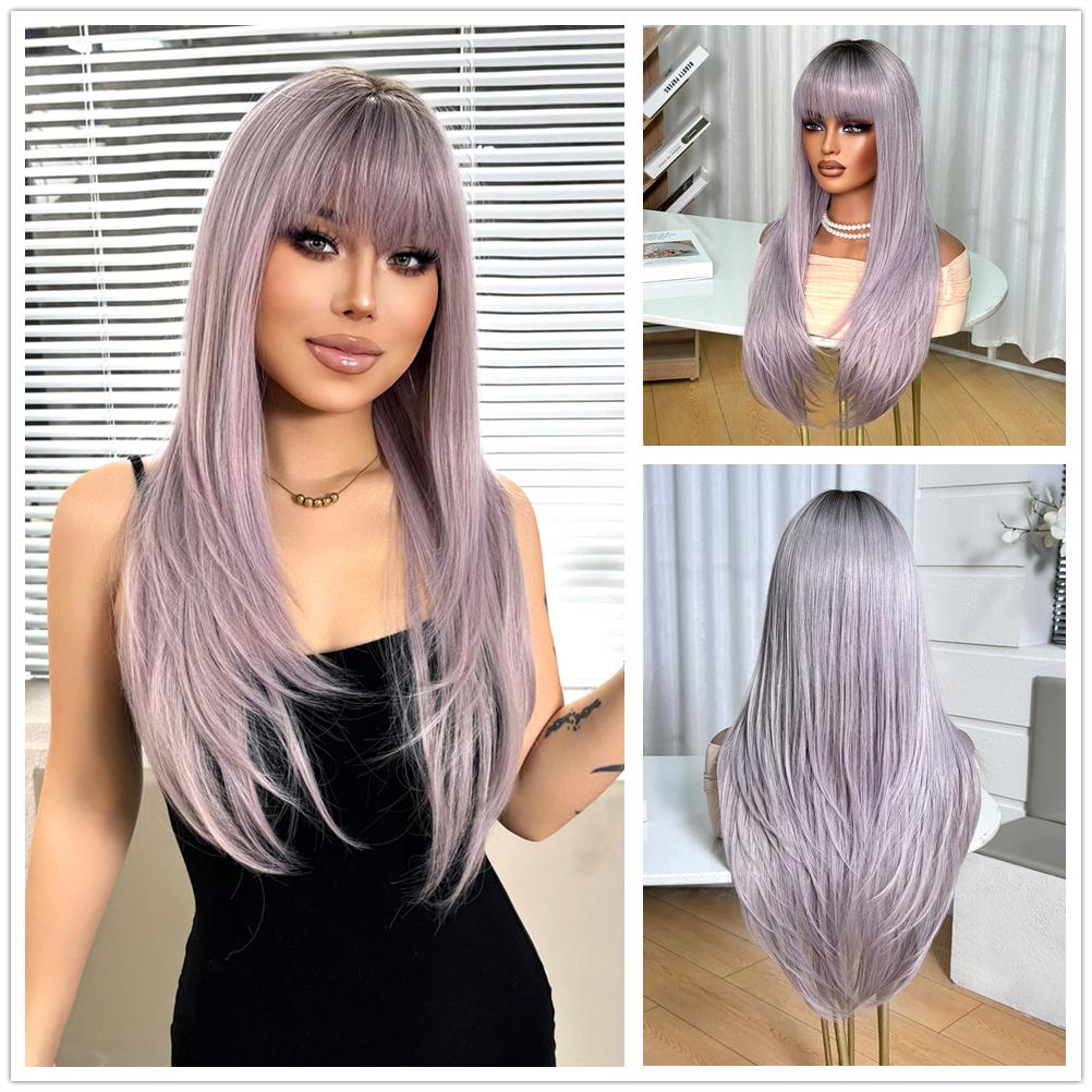 ALAN EATON Lilafarbene Kunsthaarperücken mit Pony, lange, glatte Perücke, seidenweiches blondes Haar, hitzebeständige Perücke, natürliches Aussehen