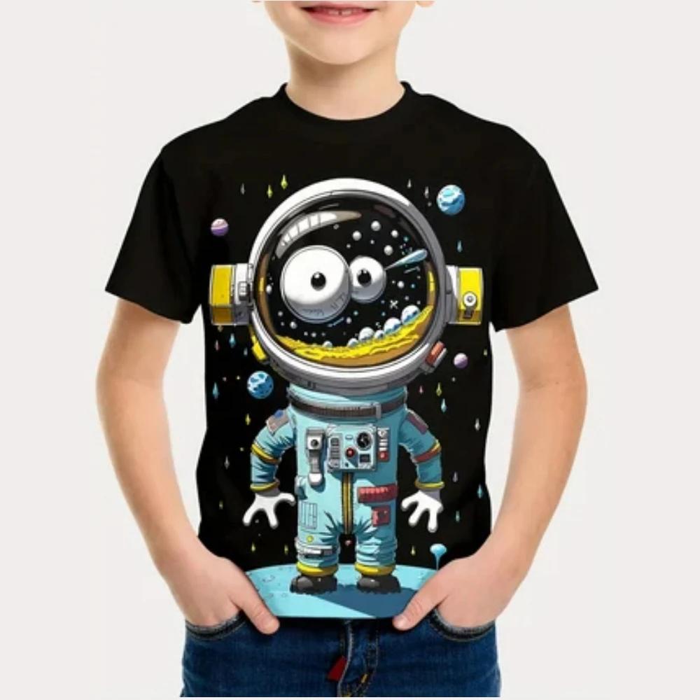 Summer Cartoon Astronaut Round Neck Short Sleeve Pattern T-shirt Fun Children's Clothing Boy's T-shirt