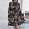 Women's Casual Elegant Flower Print Long Sleeve Tie Waist Long Sleeve Pleated Skirt Dress