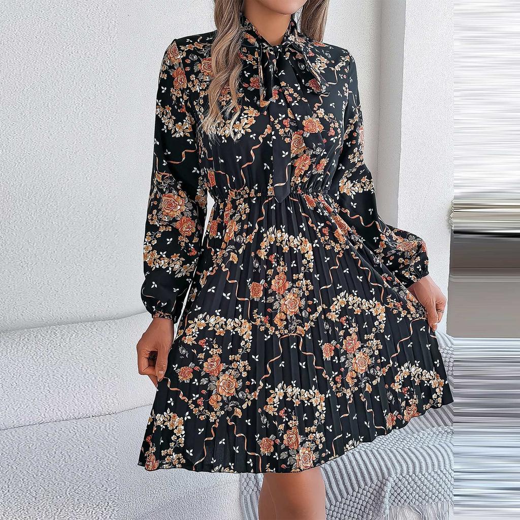 Women's Casual Elegant Flower Print Long Sleeve Tie Waist Long Sleeve Pleated Skirt Dress