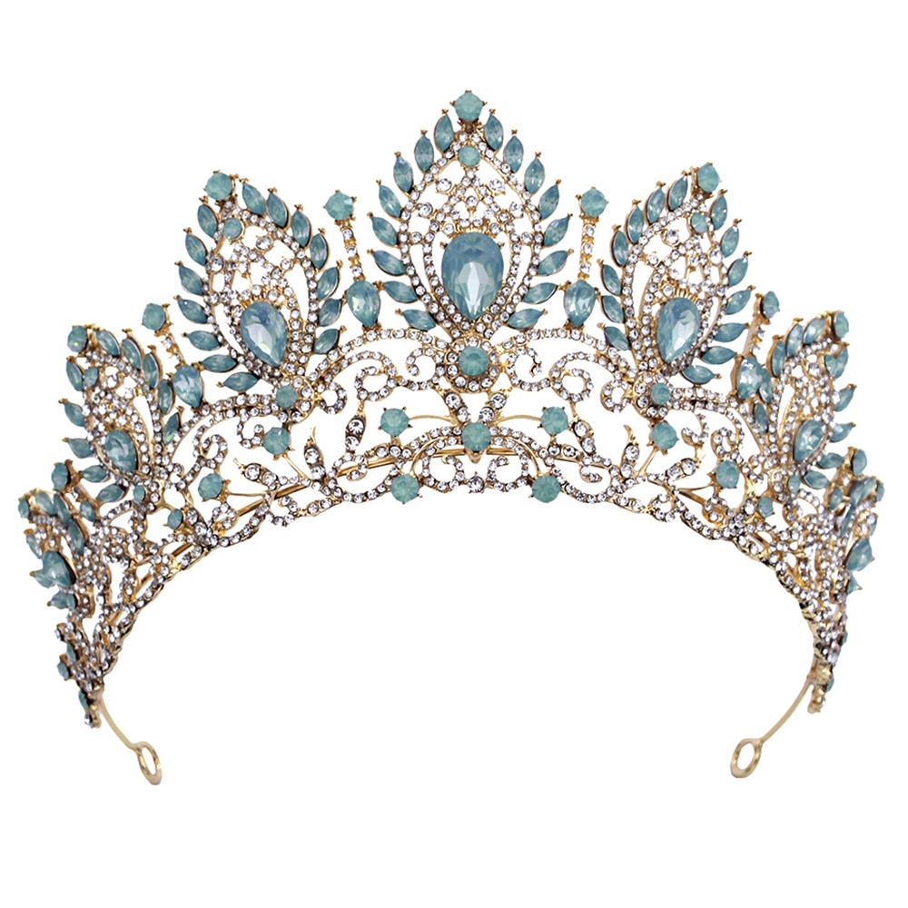 Vintage Opal Blue Crown Big Diadem Bride Crowns for Women Tiaras Wedding Dress Crown Hair Jewelry Princess Birthday Headdress
