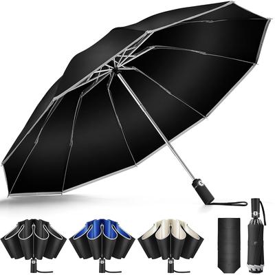 Faltbarer Regenschirm mit Automatik Starkregen Breit 105cm Reflektierendes Licht UV Teflon Aufbewahrung Langlebig und Schwarz Umgekehrt faltbar 10 Rippen Ein-Knopf
