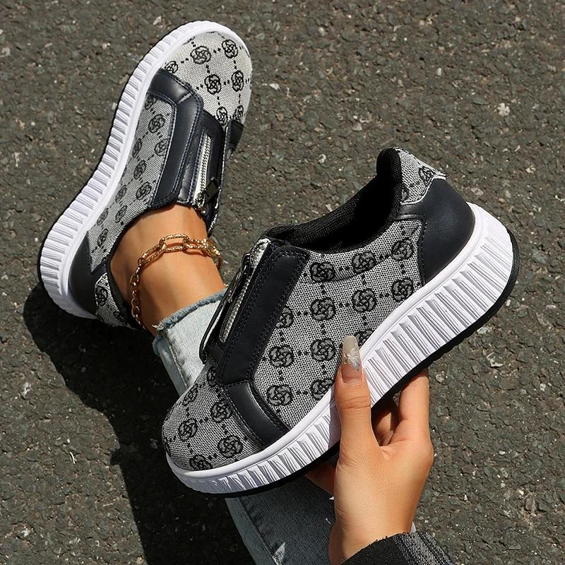 Embroidered Flowers Platform Sneakers Women Front Zipper Thick Sole Vulcanized Shoes Woman Brand Design Fashion Chunky Sneakers