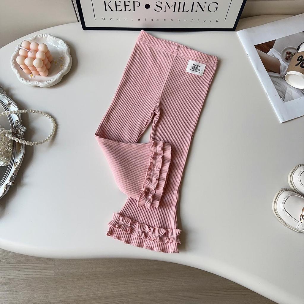 Girls' Casual Knit Flare Pants with Lace Trim